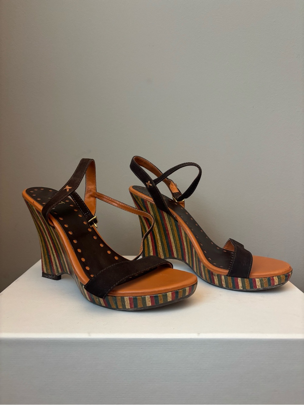 Zara Wedge Sandals with Multi-Color Striped Heel - Brown
